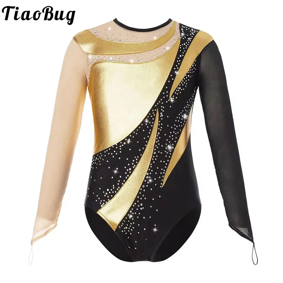 Dievčatá s dlhým rukávom Artistická gymnastika trikot bronzing s dlhým rukávom Tesné kovové kovové kontrastné kontrastné korčuľovanie Jersey