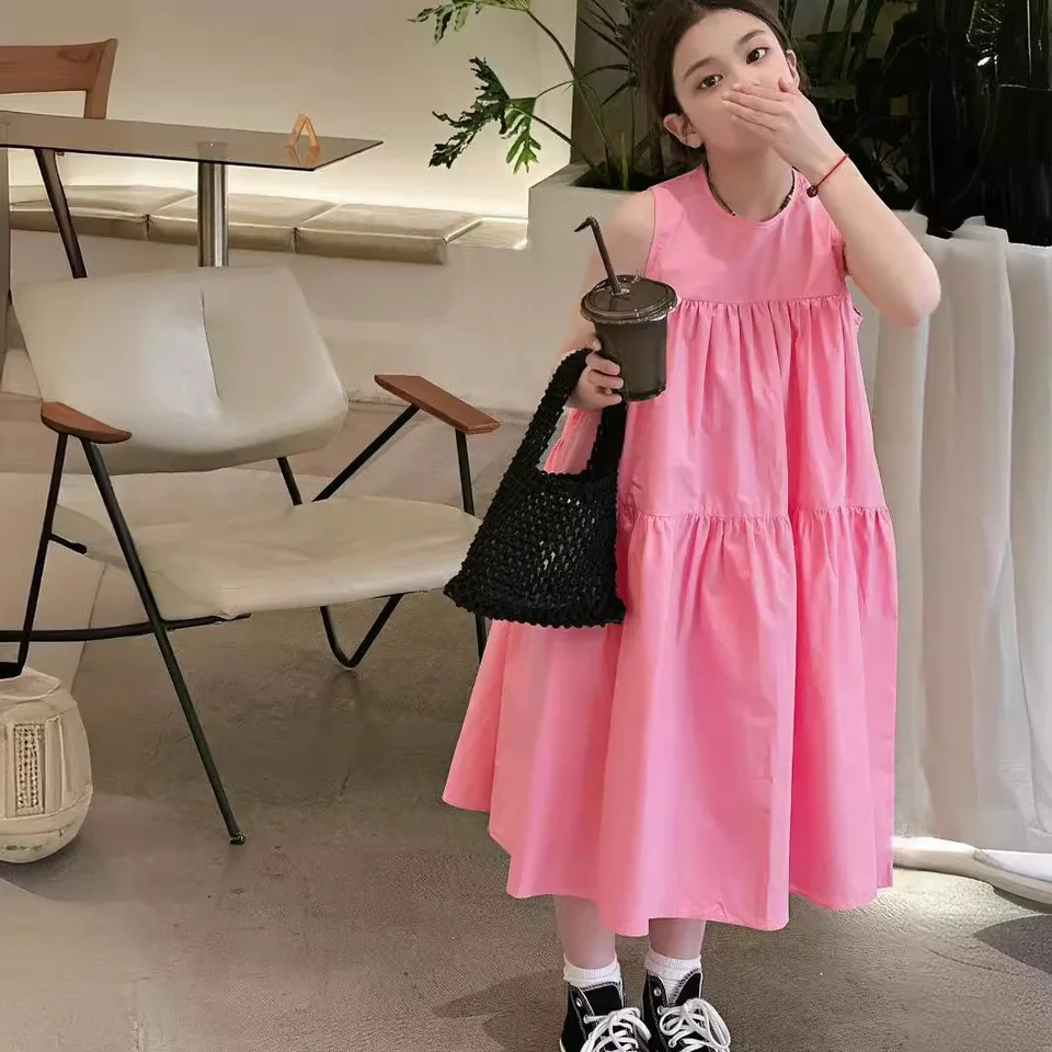 Dievčatá sa obliekajú kórejské detské oblečenie 2024 leto New Fashion Cotton Solid Ruoke bez rukávov O-krk a-line roztomilé detské šaty princeznej