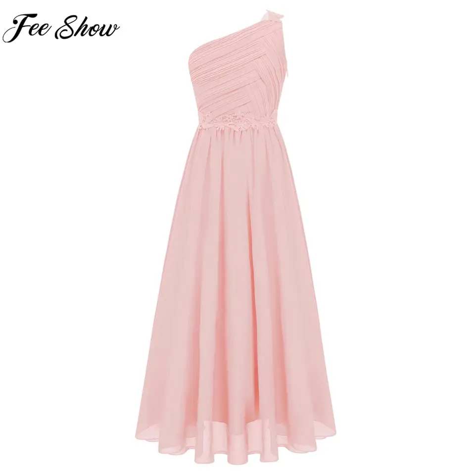 Dievčatá Svadobné družičky Šaty Jedno rameno Elegantné Guipure Lace Lace Roched Chiffon Maxi Party šaty narodeniny večerné plesové šaty