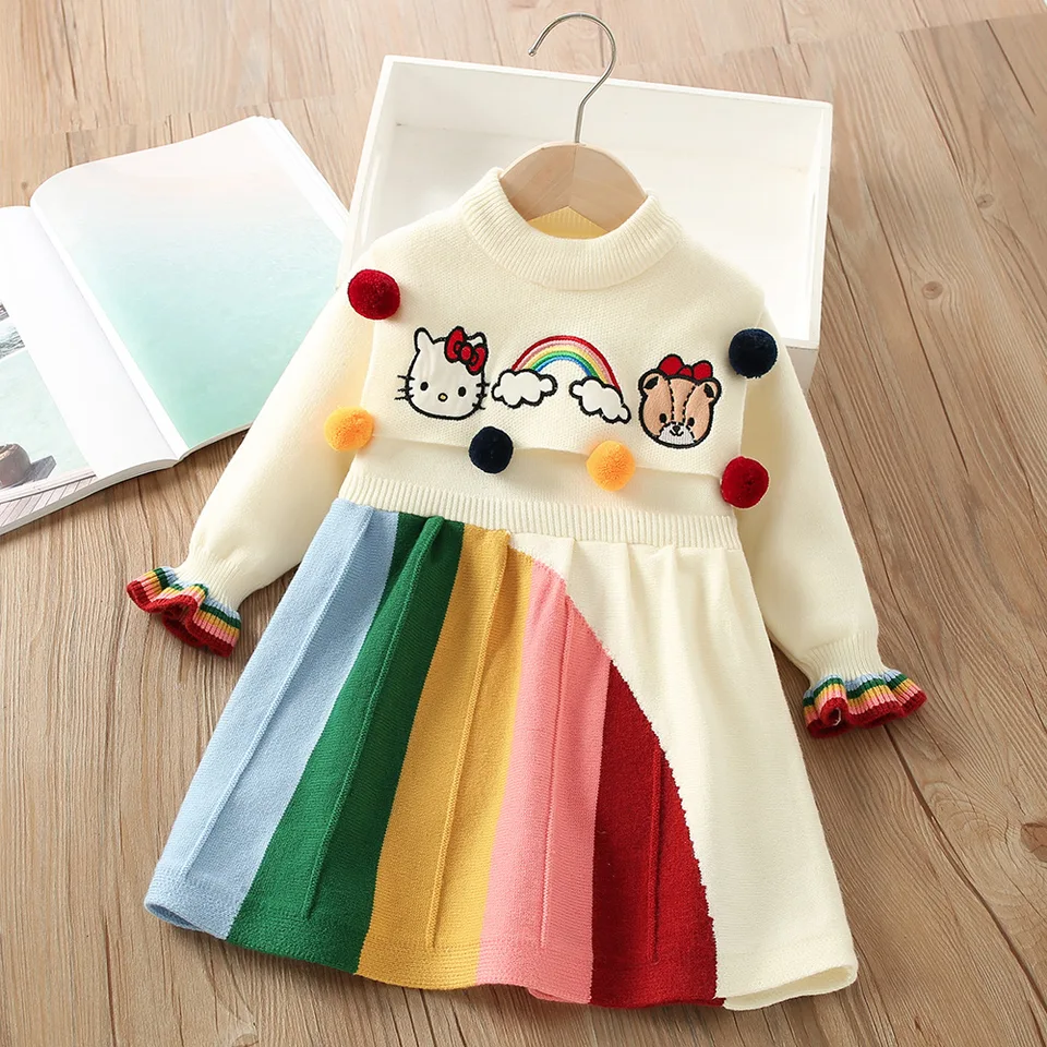 Dievčatá sveter šaty 2024 na jeseň zima batoľa dieťa Sanrio Hello Kitty pletené šaty deti Dúha princezná Príležitostný kostým