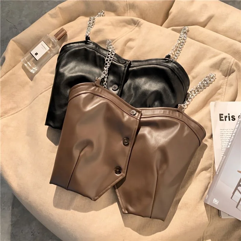Dievčatá Tank Top kovové reťazce PU PU LINKA CAMISOLE Jednodružné batoľa vesty skladané otvorené zadné plodiny 3 až 16 rokov