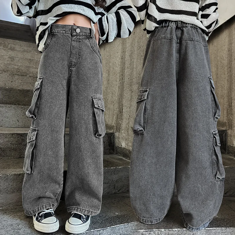Dievčatá viacerých vreckových džínsov pre 6 8 10 12 14 rokov staré jarné jesenné dievčatá Denim Denim Pants 2024 Nové módne detské nohavice