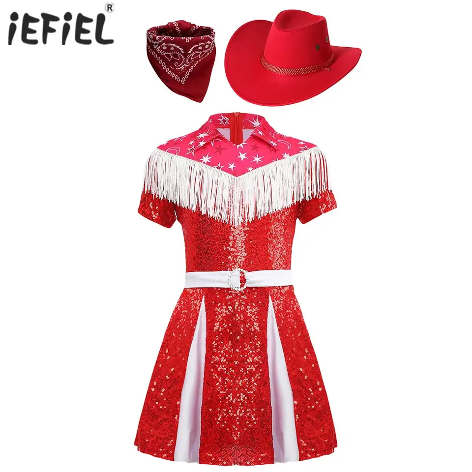 Dievčatá Western Cowgirl Cosplay kostým Halloween Karneval Fringe Flitre s klobúkom s klobúkom a bandannou Roleplay Dress Up