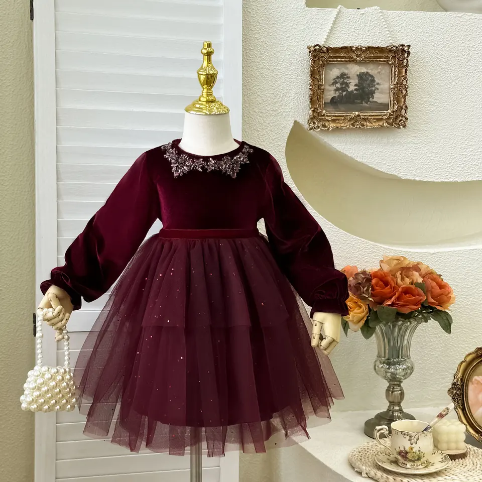 Dievčatá zamatové šaty Jeseň Zimná zimná zimná rukáv shinny dievčatko narodeninové šaty elegantné nafúknuté detské dievčatá princezné šaty