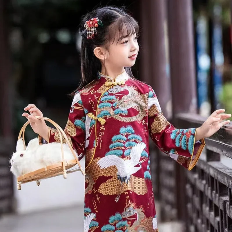 Dievčatá čínsky štýl Cheongsam šaty Hanfu Tang Tradičný drak grafický stojan golier princezná Party kostýmy detské šaty