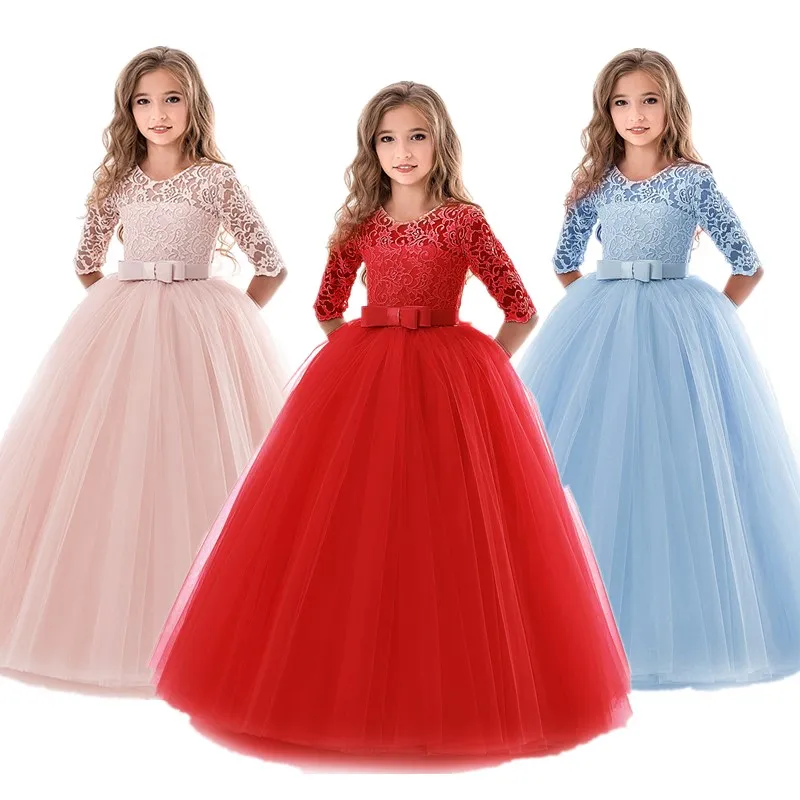 Dievčatá šaty vyšívacie čipky kvetinové družičky šaty princezná Party Dlhé šaty Vianoce sprievodné párty prvé spoločenstvo Vestido