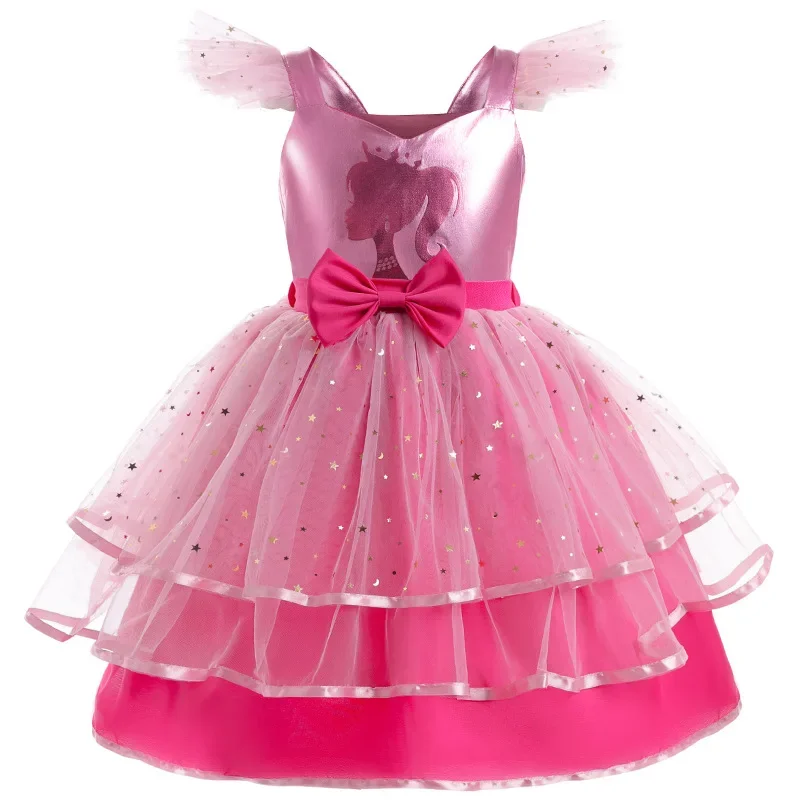 Dievčenská nová Barbie Bow Print Small Flying Ruckve Cosplay šaty na promóciu Party sladké a roztomilé módne šaty