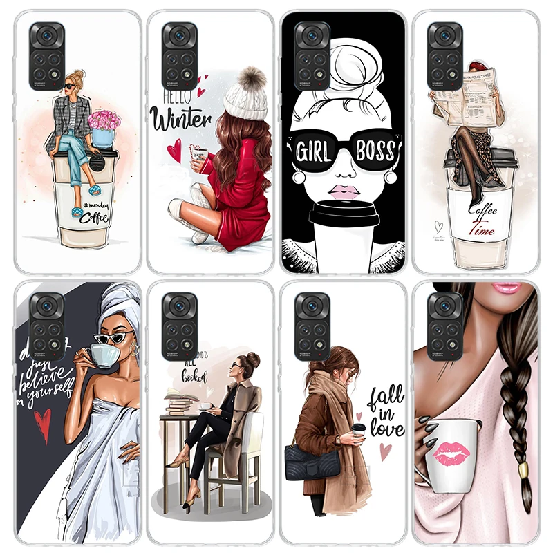 Dievčenský šéf ženský kávový telefón puzdro pre Xiaomi Redmi Note 13 12S 12S 11 10S 10 Cover 11e 11t Pro Plus 9 9S 9t 8 8t 7 Tlač zábava