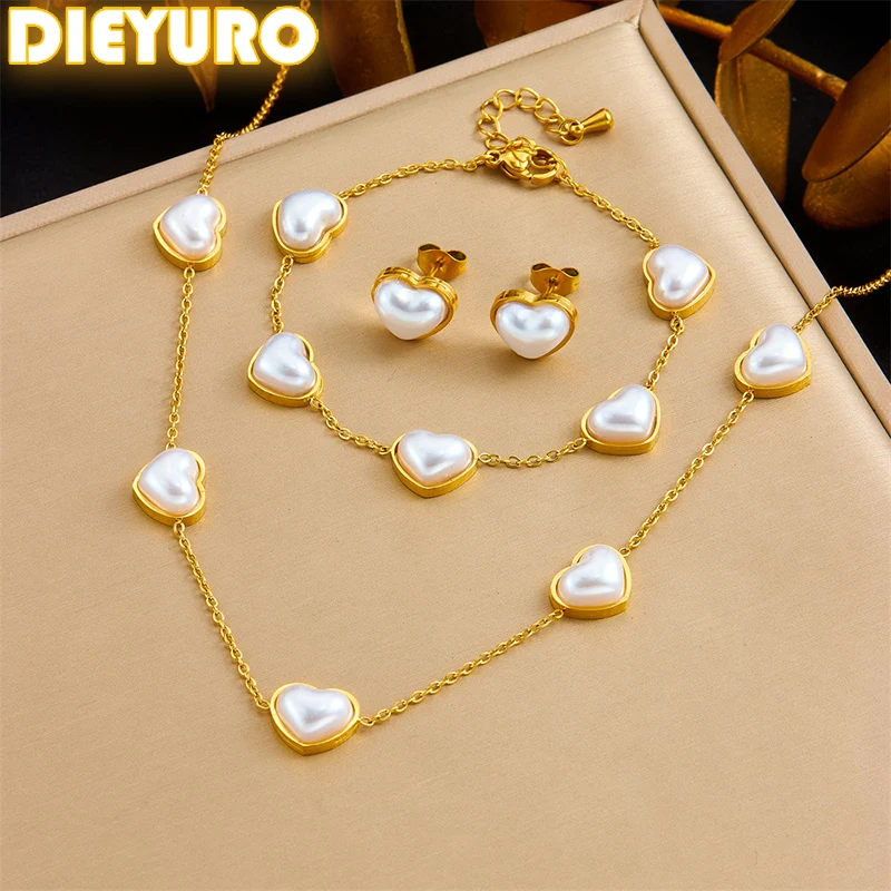 Dieyuro 316L z nehrdzavejúcej ocele jednoduché elegantné elegantné náramky s perly v tvare srdca Náramok pre ženy Nový módny šperk darček