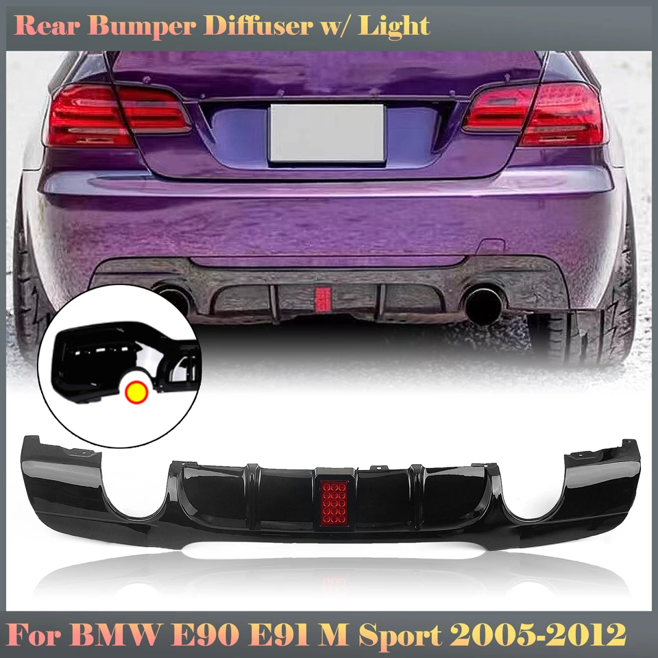 Difúzor zadného nárazníka pre pery pre BMW 3 Series E90 E91 M Sport 2005-2012 Lesklý čierny automobil Duálny spoiler výfukových plynov s LED žiarovkou