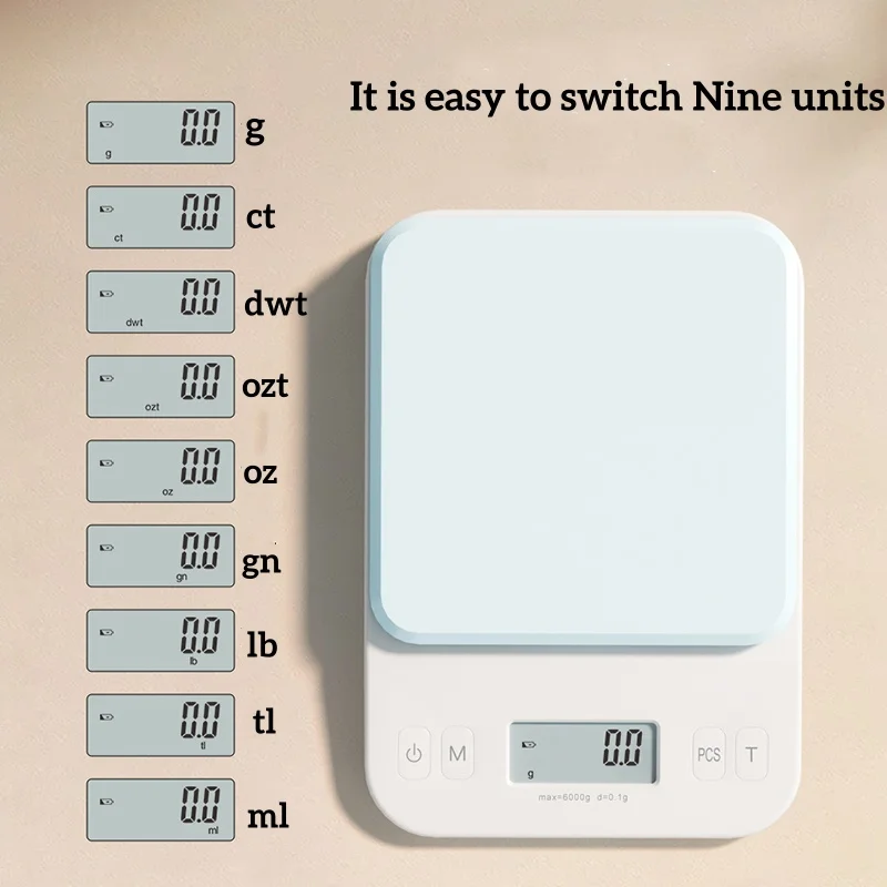 Digitálna kuchynská stupnica 0,5G-6000G High Precision Deväť jednotiek G/CT/DWT/OZT/OZ/GN/LB/TL/ML Kuchynské náradie pre kávu