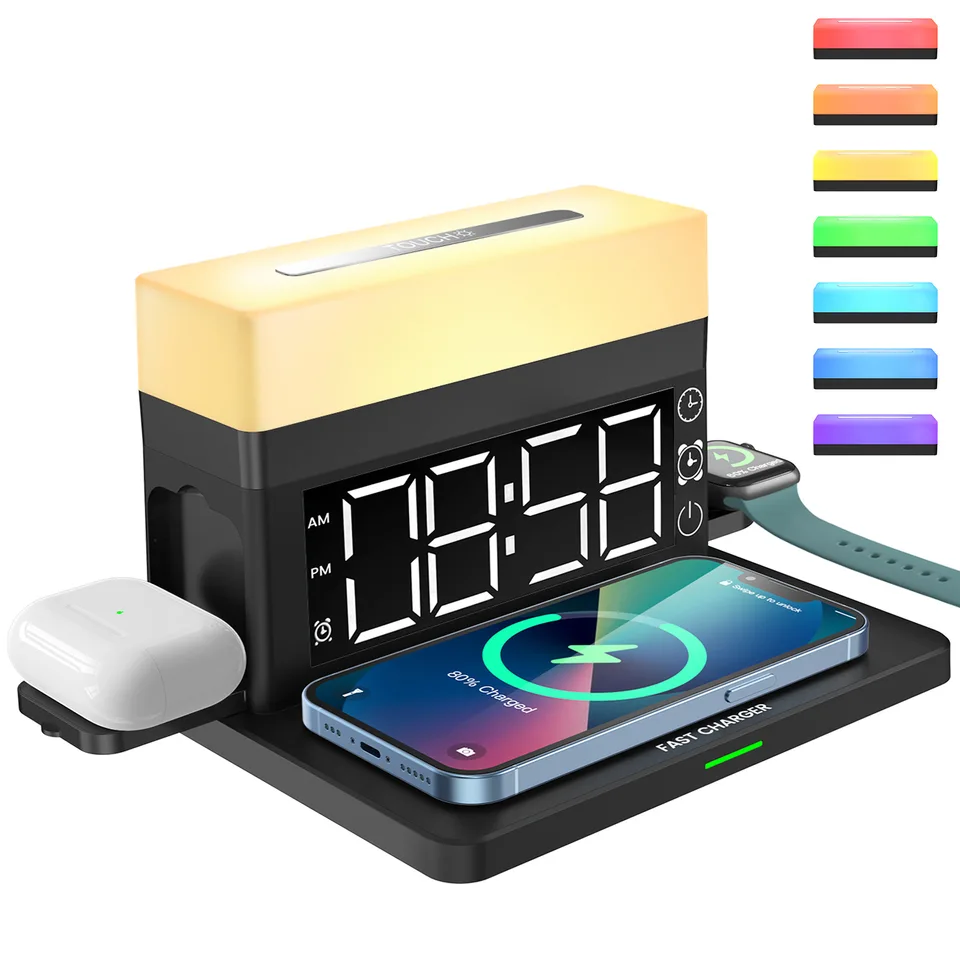 Digitálne budíky stolov s 15 W bezdrôtové nabíjanie pre Airpdos Apple Watch Night Light 6 in 1 pre dekoráciu kancelárie v spálni