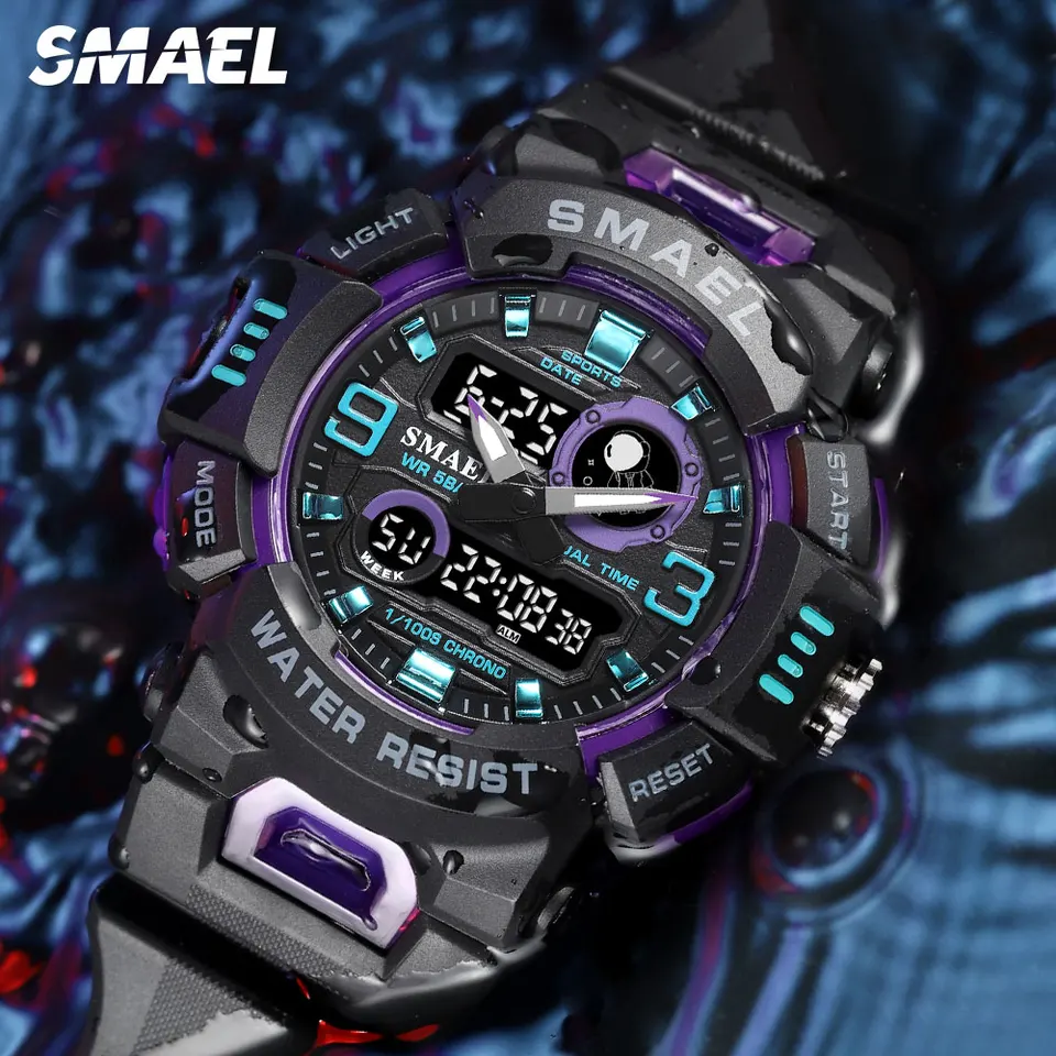 Digitálne hodinky Smael Black Purple Digitálne hodinky pre mužov módny časový displej Chronograf Quartz Military Sport Wristwatch s dátumom 8063