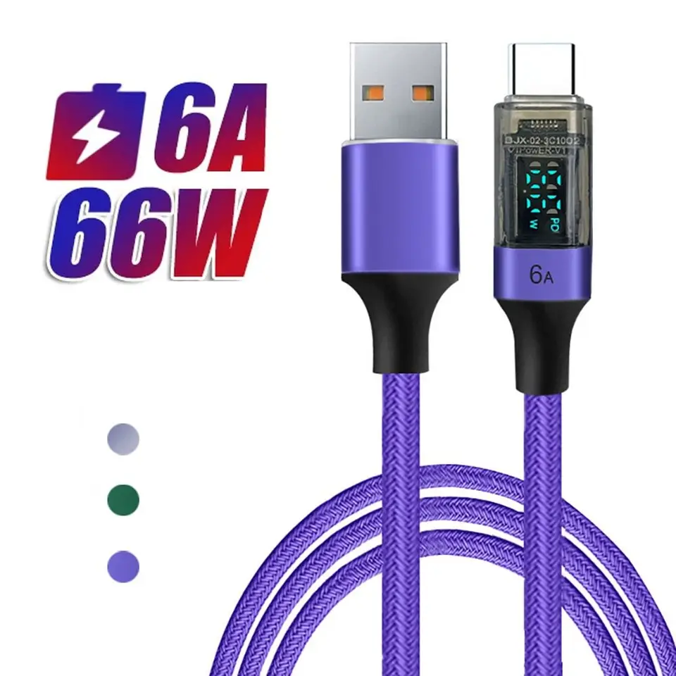 Digitálny displej 6A USB C kábel PD 66W Nylon Woven A až C Dátový kábel 0,5 m/1m/2m rýchly poplatok pre Xiaomi/Samsung/OPPO