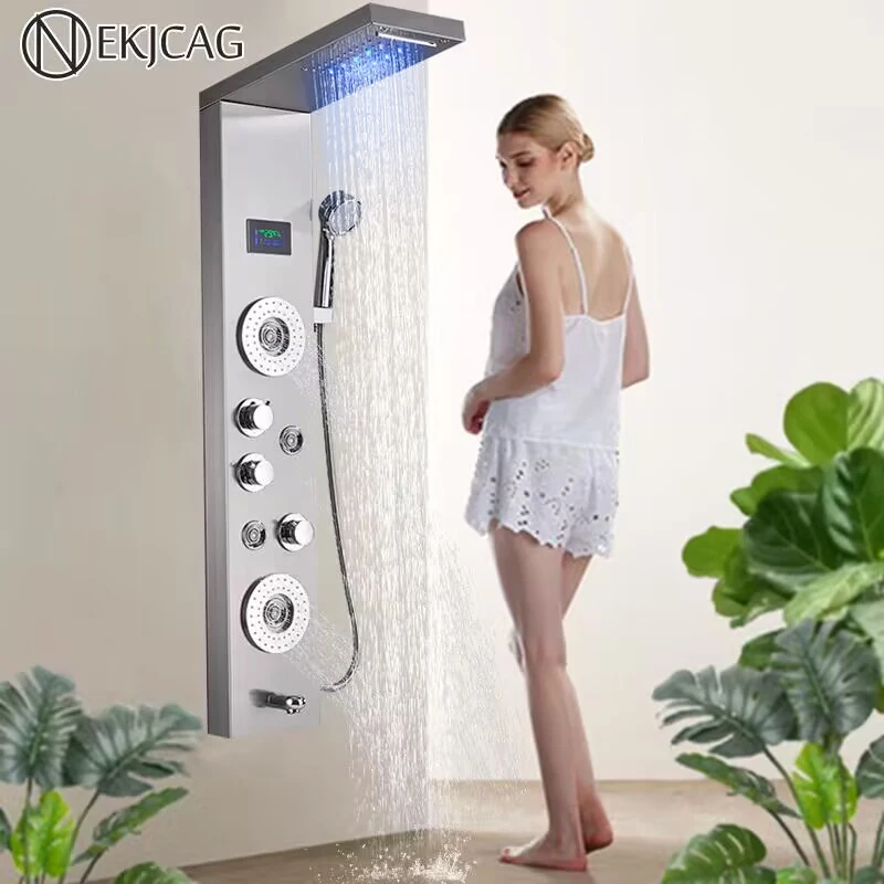 Digitálny displej kúpeľňa Sprchovací panel stĺp LED dažďový vodopád Faucet Multifunkčný vežový sprchový kohútik so zadným prúdovým mixérom Tap
