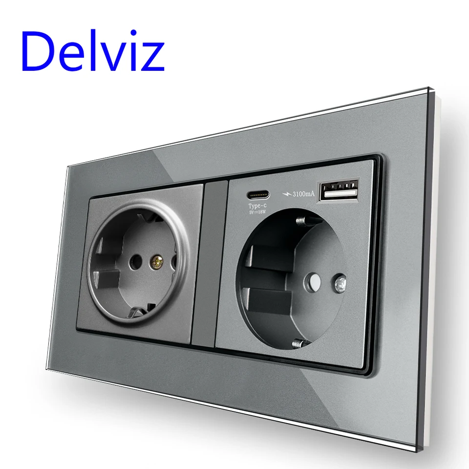 Dilviz Wall Power Double Outlet, 5V 3100MA s portom USB rýchleho nabíjania, temperovaným skleneným panelom, štandardným EÚ štandardný 18W typ USB zásuvka