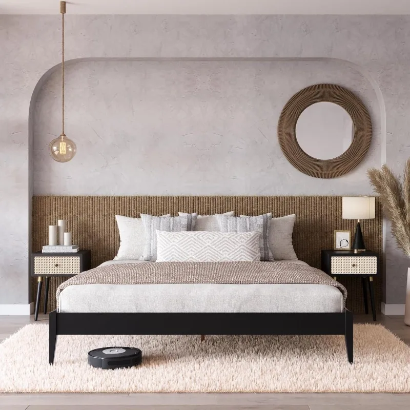 Dinkee King Plograph Bed Ráme drevo 15 palcov Rám s masívnym drevom Moderný minimalistický štýl 12 silná podpora dreva Čierna