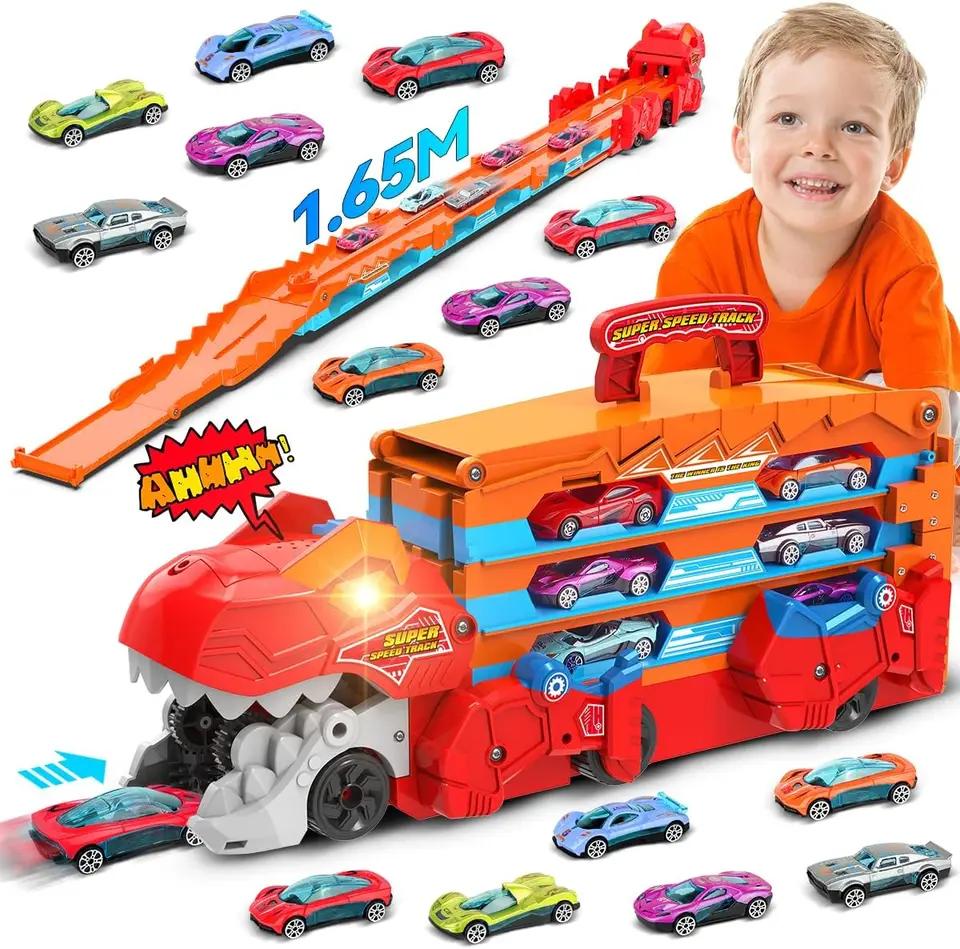 Dinosaurus 3-v-1 Transport Truck Car Hračky pre chlapcov vo veku 3+ 8 pretekárskych automobilov Ejekcia skladacia sklada