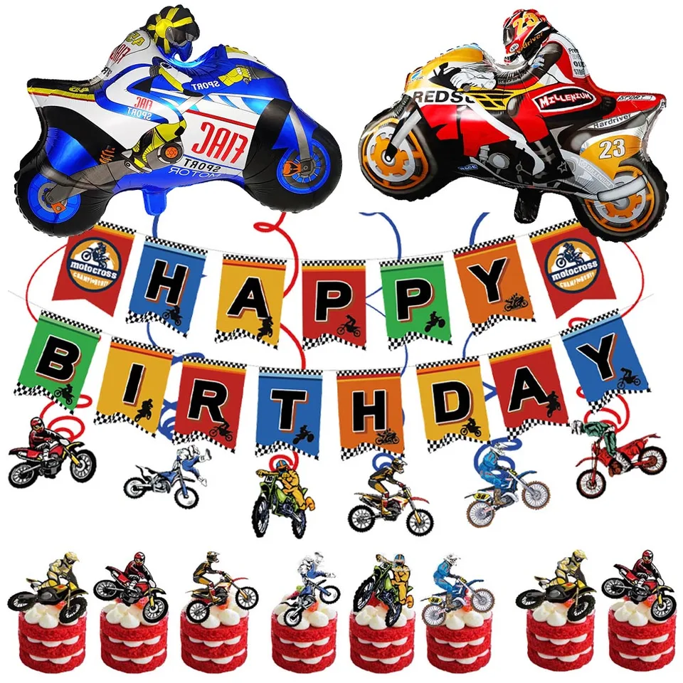 Dirt Bike Birthday Party Ozdoby pre chlapcov motocyklové dodávky motocyklových balónikov Banner tortu koláče zavesenie dekorati