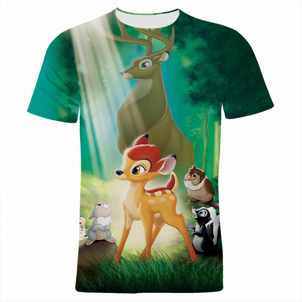 Disney Bambi Cartoon Anime Men Summer uvoľnený priedušný posádka krk 3d tlačený pánsky butik Top s krátkym rukávom Streetwear