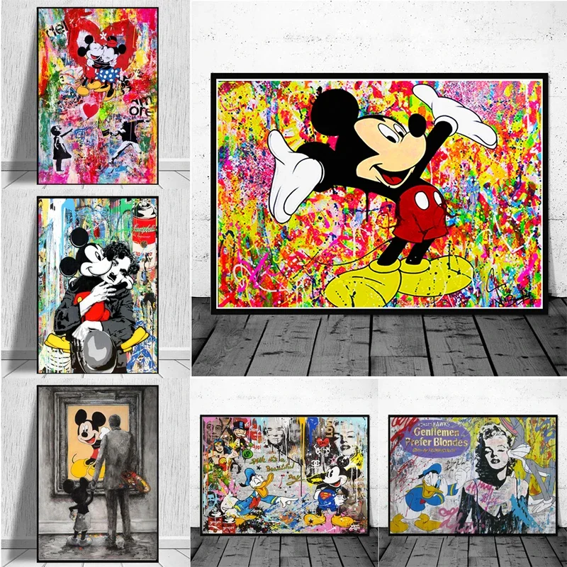 Disney Canvas Painting Wall Art Graffiti Banksy Mickey Mouse a Donald Duck Anime Plaght Tlač pre obývaciu izbu Darček
