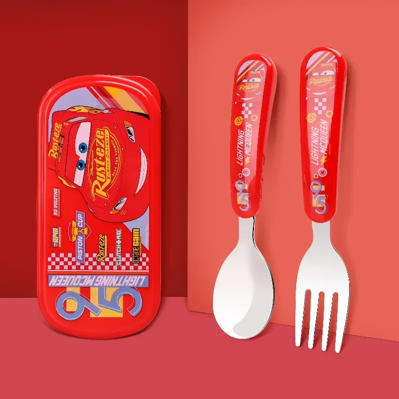 Disney Cars Lightning McQueen 2ks z nehrdzavejúcej oceľovej lyžice set s prepravou prenosu prenosu opakovane použiteľného kresleného riadu pre HOM