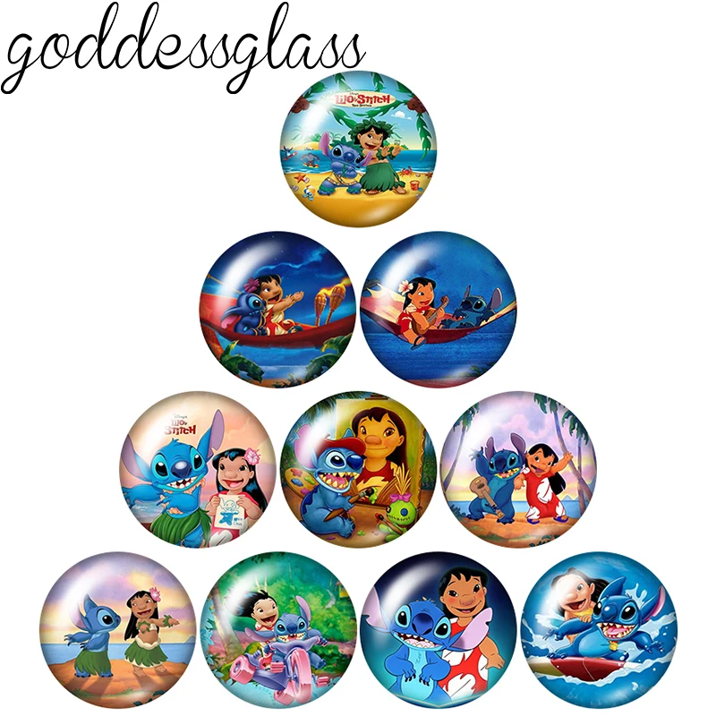 Disney Cute Stitch & Lilo priatelia 10ks 12 mm/18 mm/20 mm/25 mm okrúhle foto sklenené sklo Cabochon Ploché chrbty Výsledky pre náramky