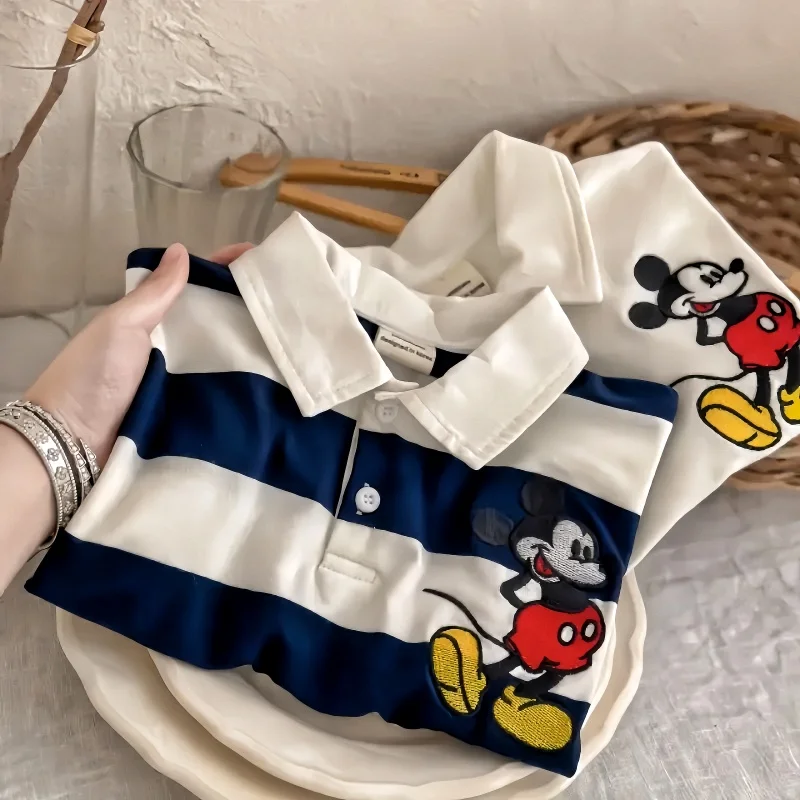 Disney Detské oblečenie Polovina Karikatúra Anime postava Mickey Mouse Pure Cotton Tričko Detské pruhované krátke rukávy