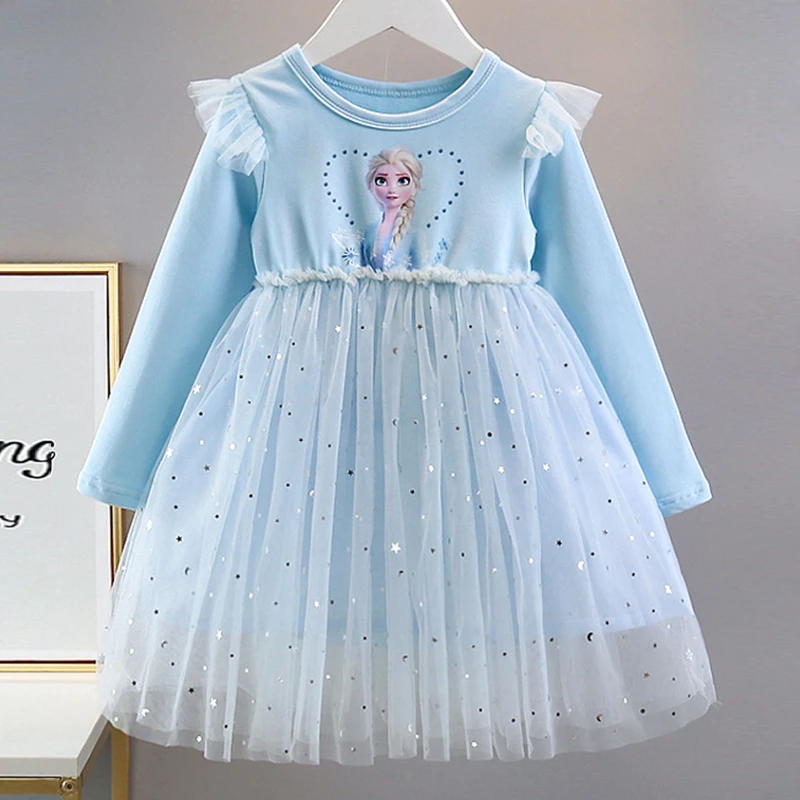 Disney Elsa Princess Dievčatá Dievčatá šaty Spring Autumn Detské šaty 2024 Nové rukávy pre deti mrazené šaty narodeninovej oslavy