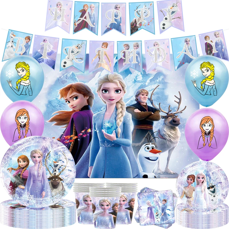 Disney Frozen Balloons Paper Cup Plate Elsa Anna Princezná jednorazový riad k narodeninám oslava narodeniny Krst bábätká dekor