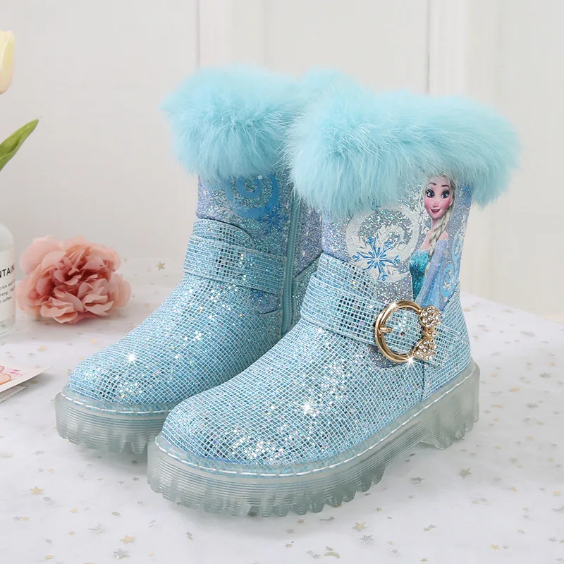Disney Frozen Elsa Princess Kids Cartoon členkové topánky Zimné princezné dievčatá módne deti Hrubé tenisky na spodok modré topánky