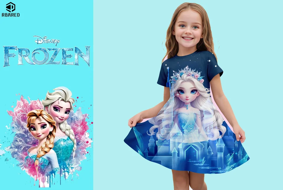 Disney Ice and Snow Romance Princezná Elsa Summer Girl Detské oblečenie 3D tlač Miniso 2024 sukňa s krátkym rukávom