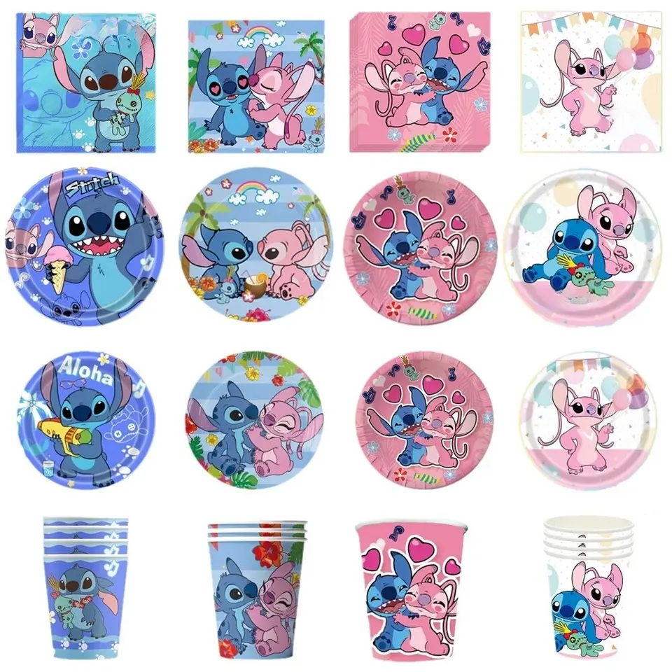 Disney Lilo & Stitch Narodeniny Dodávky ružové jednorazové tabuľky Plátky Cups Strhkin Angel Girls Kids Bay Shower