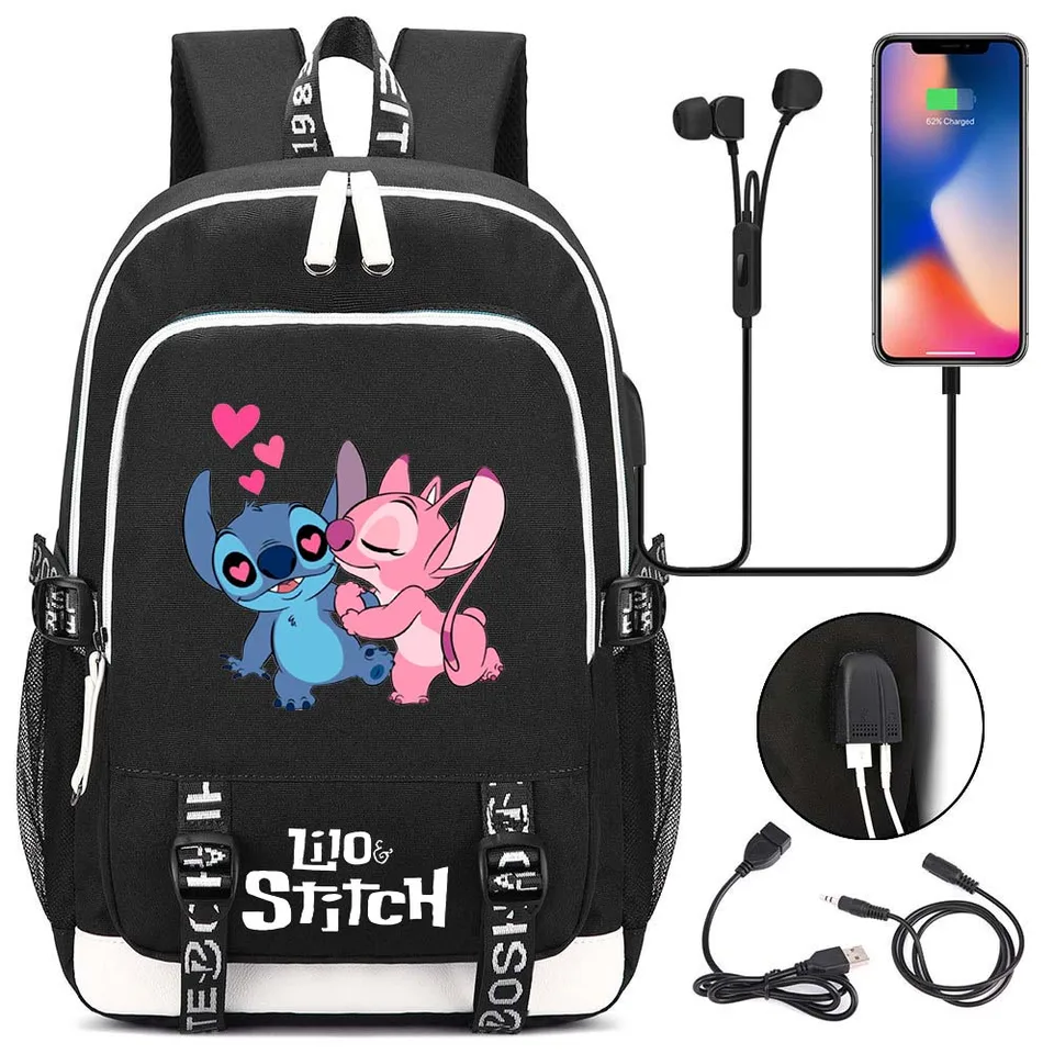 Disney Lilo Stitch Batoh Men Ženy USB Nabíjanie notebook cestovné batoh chlapca dievča Teenager škola batoh ležať Mochila