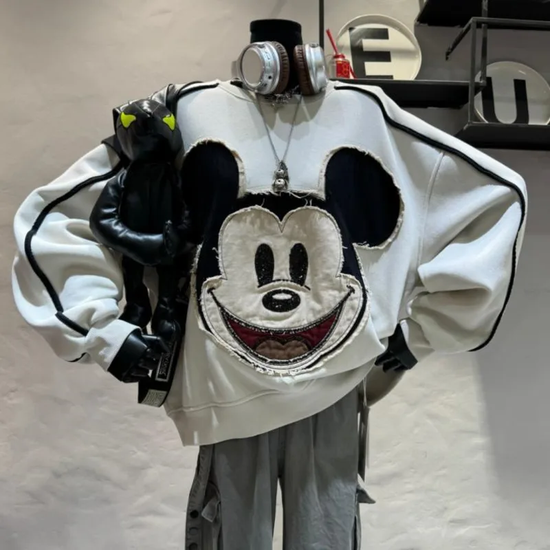 Disney Mickey Cartoon Patch Designs Hoodie Ženy voľné príležitostné všestranný plyšový plutve Kórejská verzia Vintage Niche Mikina