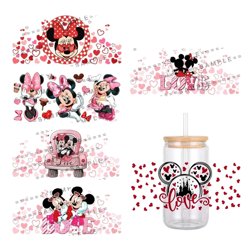 Disney Mickey Minnie Valentín Deň témy UV DTF Transfer Sticker Vodotesné prevody prenosov pre 16oz sklenené nálepky