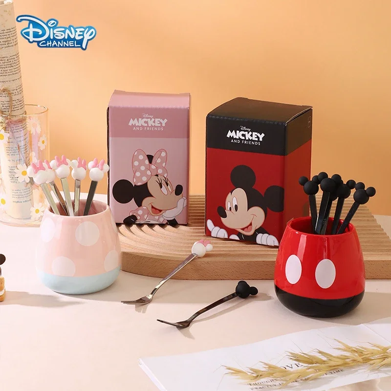 Disney Mickey Minnie z nehrdzavejúcej ocele ovocná vidlica pre domácnosť Detské bezpečnostné vidlice so skladovacími keramickými pohármi Kids ovocné vidlice