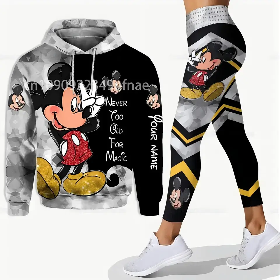 Disney Mickey Mouse 3d Women Laodie Leggings Set Ženy kapucňa set Minnie jogy nohavice Speláva ženy Disney Yoga mikiny legíny