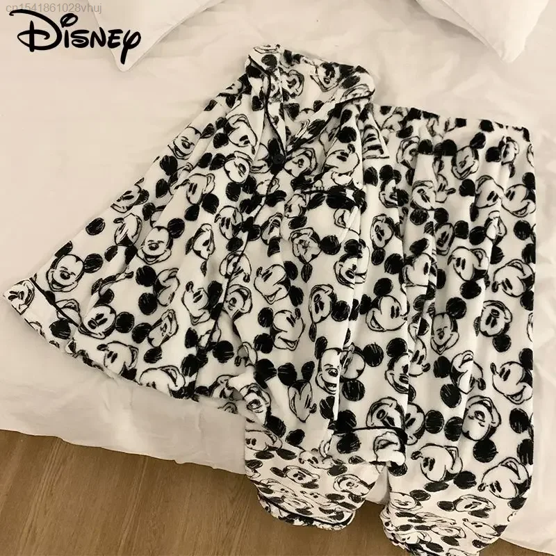 Disney Mickey Mouse Coral Velvet spiace pyžamy zimné teplé plyšové flanel Cardigan Domov Wear Dvojdielny set ženský kórejský štýl
