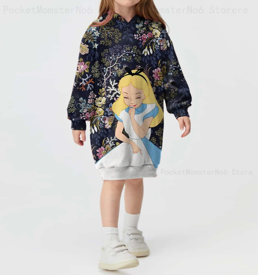 Disney New Cute Alice in Wonderland Graphic Print Girls Girls Street Príležitostné oblečenie na mikinu jeseň a zimná pohodlná mikina