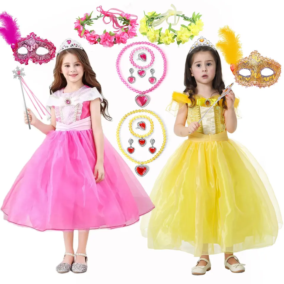 Disney Princess Dress Halloween Beauty and The Beast Cospaly Fancy Bella Aurora DetS Kids Prom šaty Belle kostýmy dievčat