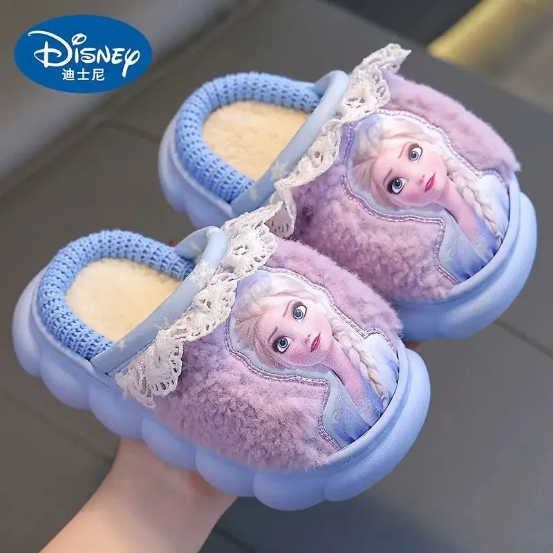 Disney Princezná Elsa Frozen Plippers for Girls na jeseň zimné vnútorné teplo nekĺzanie Detské plyšové bavlnené modré fialové topánky