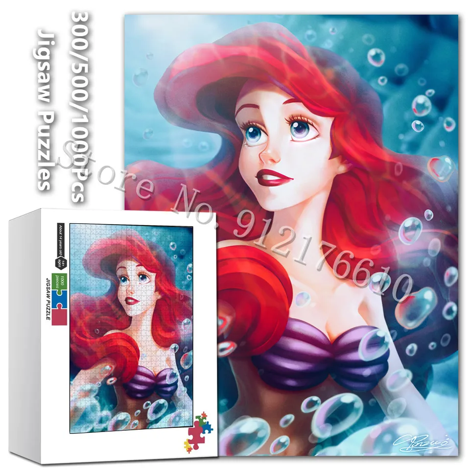 Disney Princezná Mermaid Ariel Jigsaw Puzzle pre dospelých 300/500/1000 PCS papierová hádanka osvietenie vzdelávacích rodinných hračiek
