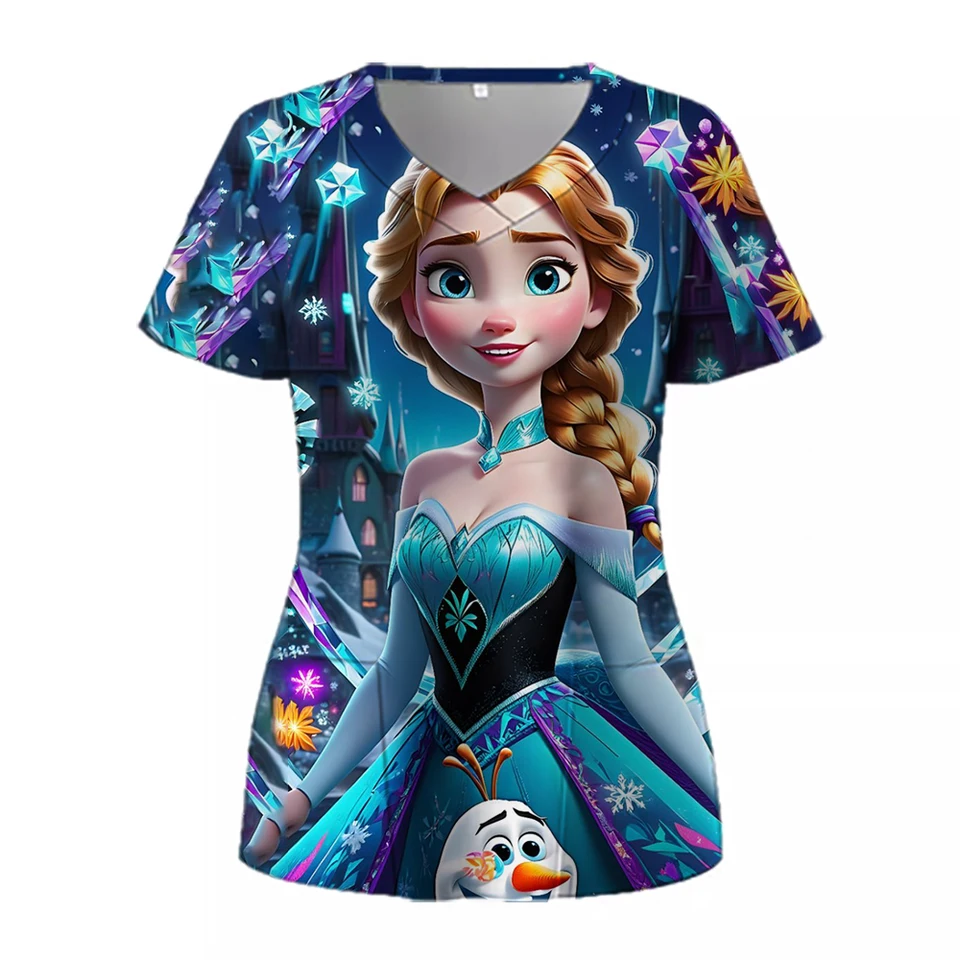 Disney Princezná ženská jednotná tlač zamrznutá elsa Snehulienka s krátkym rukávom V Topy VYBADLA BLAVE BLAUY SIGRATION Pracovná práca