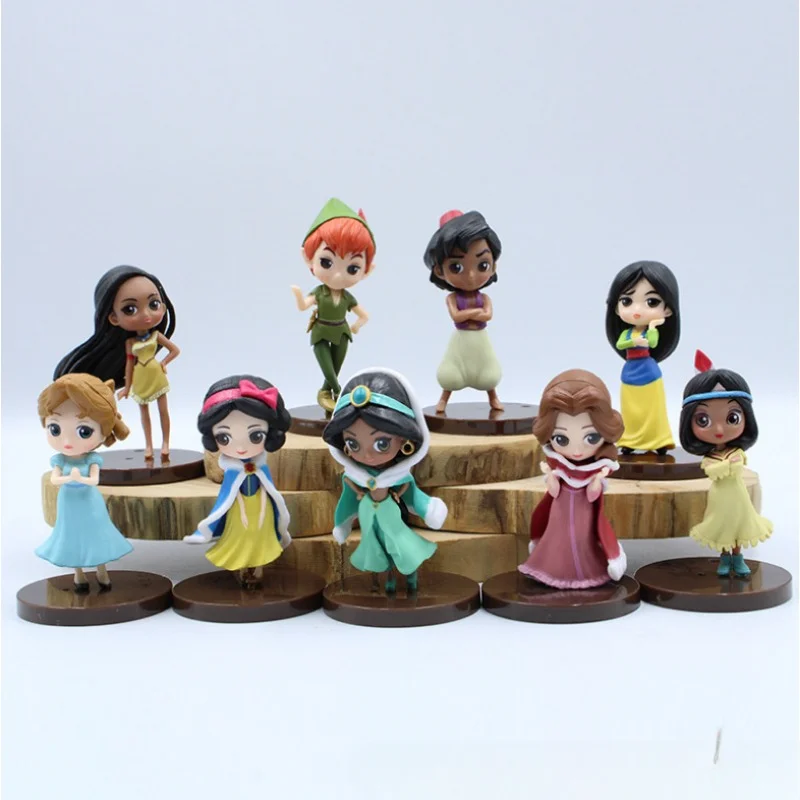 Disney Q Pohovka figurína 9pcs princezna Jasmine Rapunzel Ariel Mulan Bella Figure Hračky Zbierka dekorácie k narodeninám darček k narodeninám