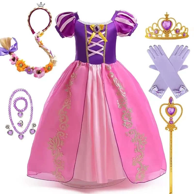 Disney Rapunzel princezná šaty dievča Purple Puff Ruckve Cosplay Zamotaný kostým Halloween Vestido Kids Birthday Ball Gown Clothes oblečenie