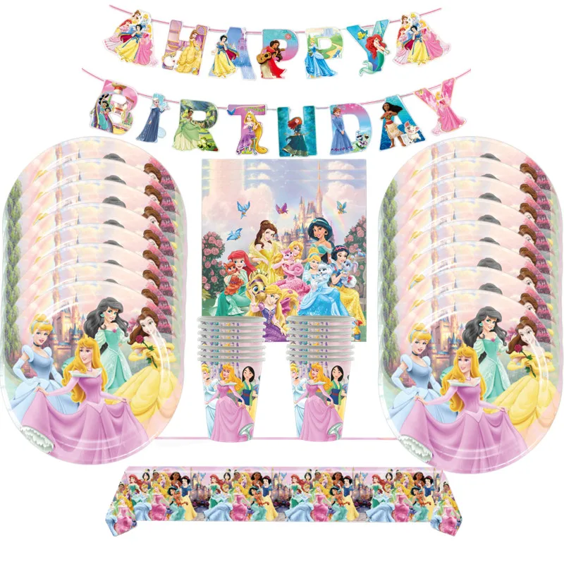 Disney Six Princezná Ariel Belle Aurora Popoluška Snehulienka Jasmine Girls Birthday Paper Copoer Coon Plate Doska dekorácie