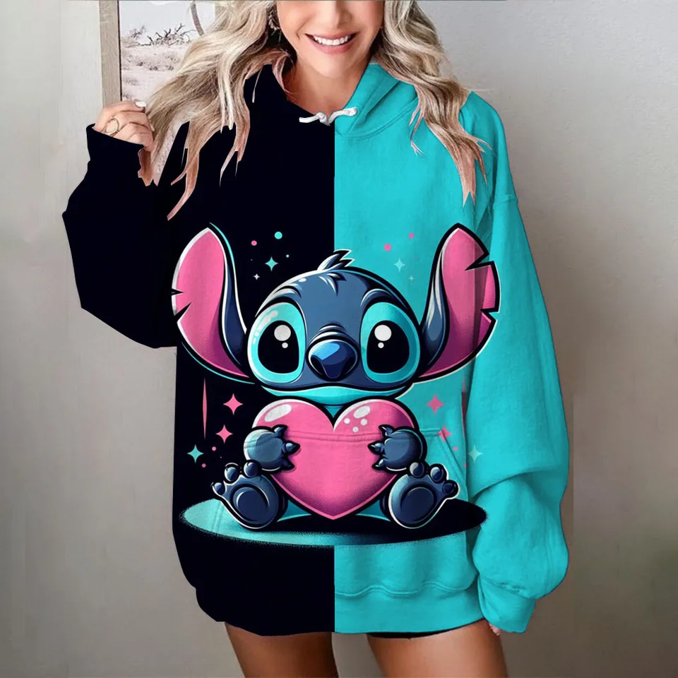 Disney Stitch Hoodies Ženy Harajuku Pullovs Cute Kawaii Tops Tops O-Neck Angel Print s kapucňou dlhé rukávy