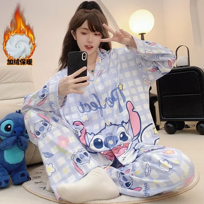 Disney Stitch Zimné pyžamy dámske dámske teplé anime tlačené karikatúru roztomilý dlhý rukáv pred oblek