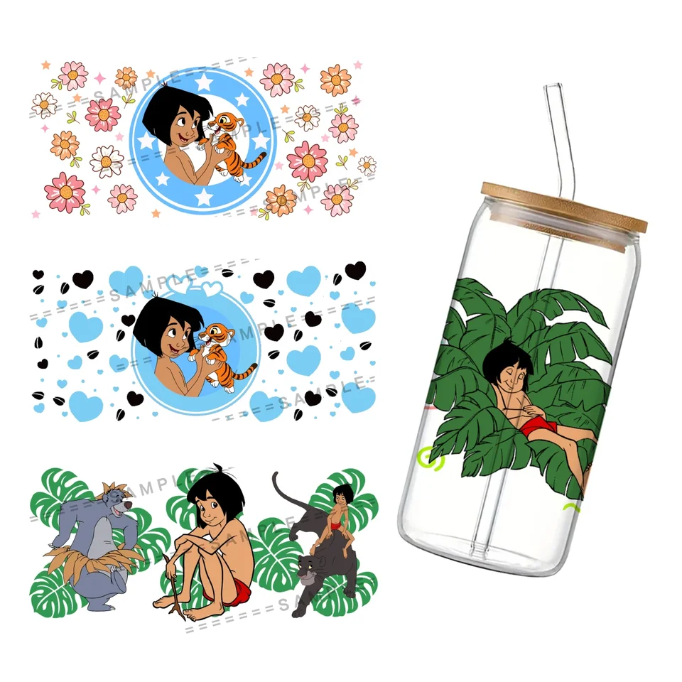Disney the Jungle Book 3D vodotesný UV DTF Cup Wrap pre 16oz Libbey Glass Can DIY Transfer Sticker